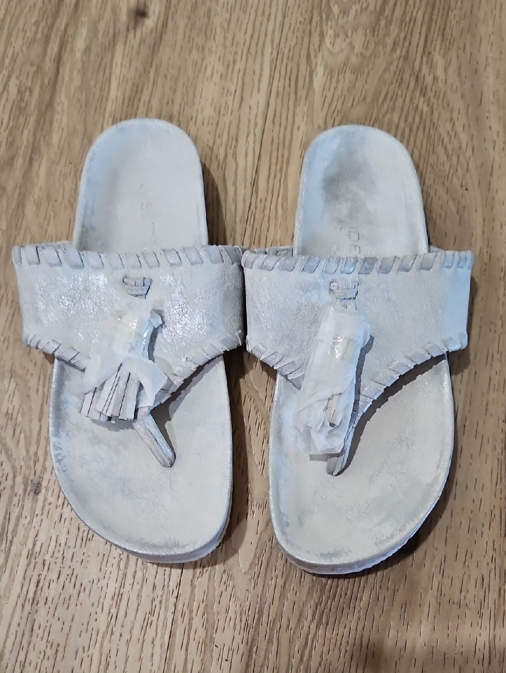 J/Slides White Fringe Leather Thong Sandals